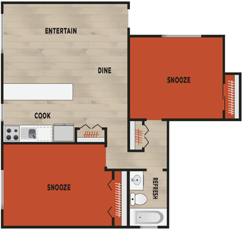 Floor plan for 2 beds, 1 bath, 825 sqft